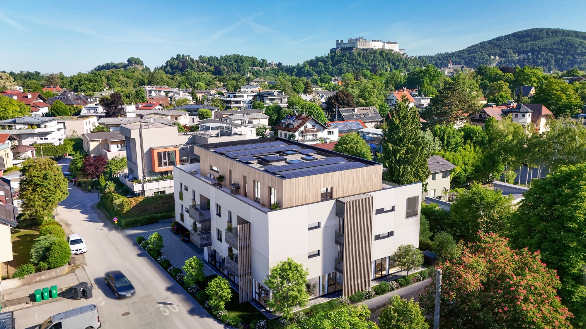 Luftaufnahme des Gebäudes mit Blick auf die Festung Hohensalzburg